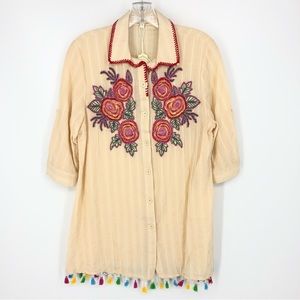 NWT Velezera Beaded Embroidered Tassel Button Front Blouse/Tunic Size S